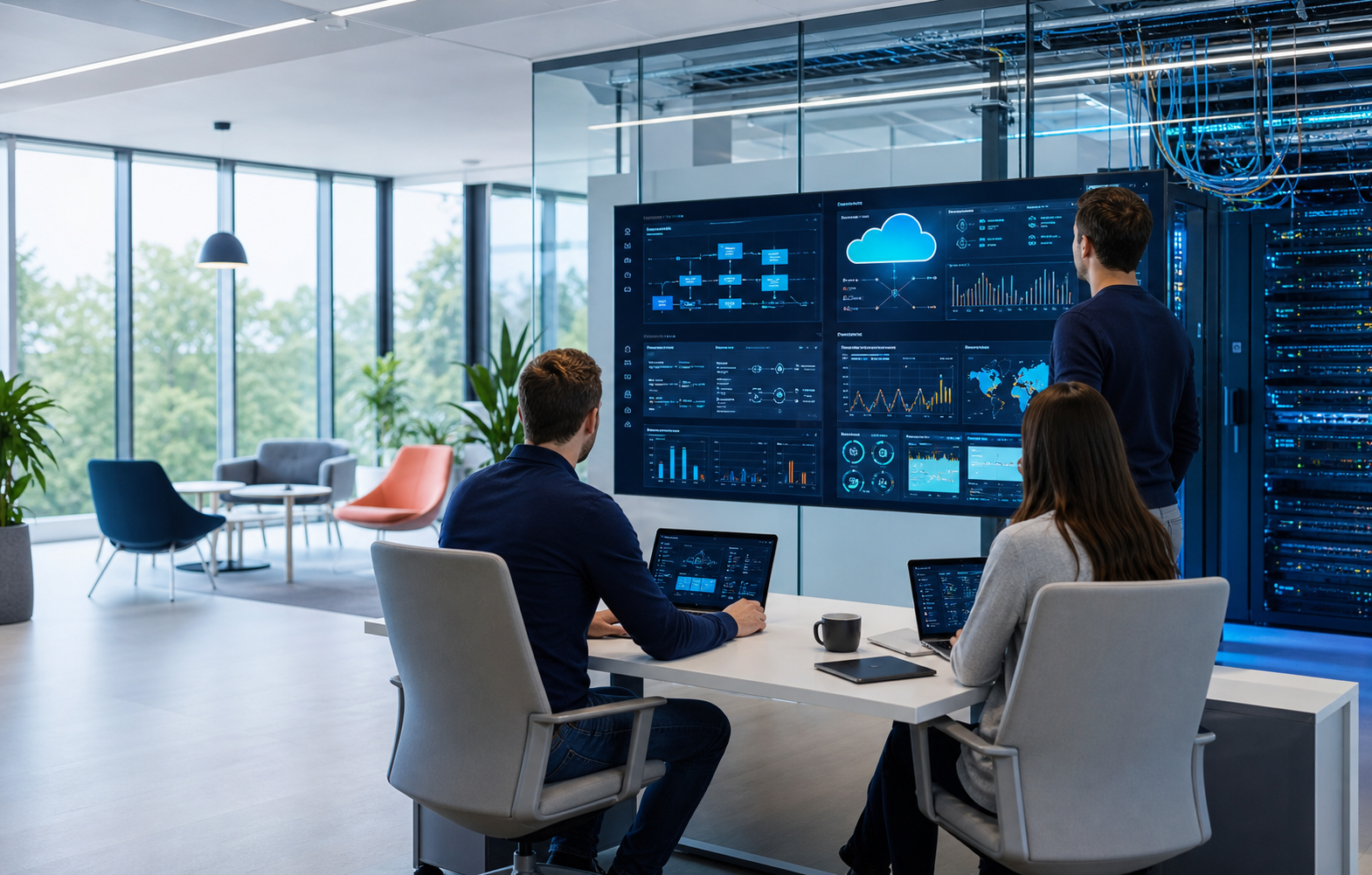 Modern IT operations environment with cloud dashboards and secure infrastructure